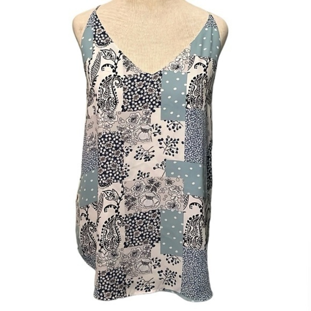 Loft women’s blouse v neck all over pattern floral polka dot, blue/white